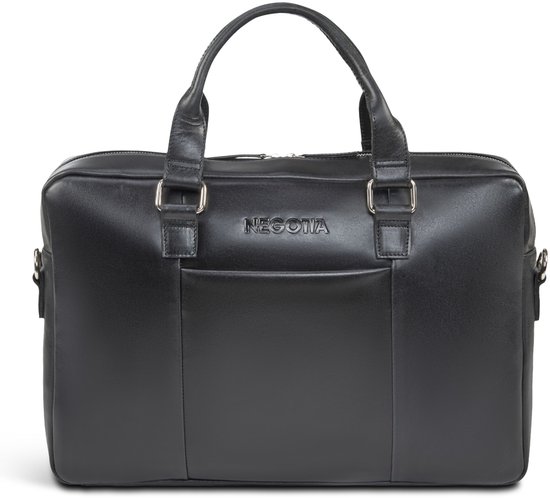 Zwarte leren laptoptas van NEGOTIA met handvatten, een voorvak en de merknaam erop.
