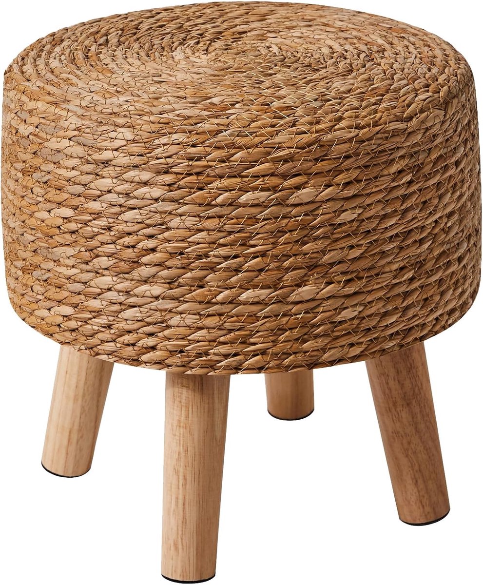 Home & Beyond® Poef - Voetenbankje van Zeegras met Houten Poten - Rond - Houtkleur - 32x32x32 cm