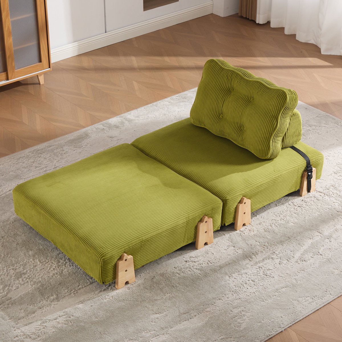 MIVRAY Fauteuil 90 Cm - Opklapbare Slaapfauteuil Met Handmatige Verstelling En Houten Onderstel - Voor Woonkamer En Slaapkamer - Cord Olijf