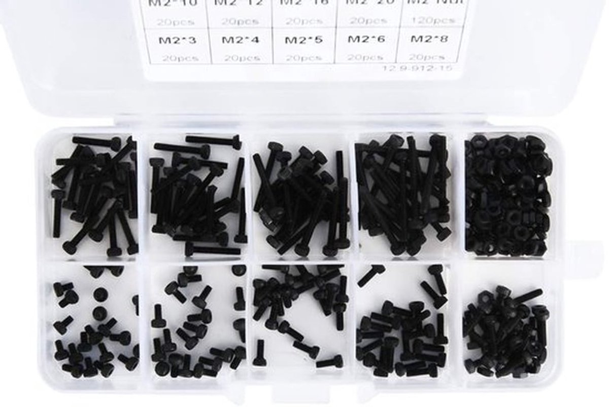 - M2 Schroefset - M2 Bouten en Moeren - Corrosiebestendig - Zwart - Assortiment voor Auto- en Machineonderhoud - 300 Stuks - Inclusief Opb