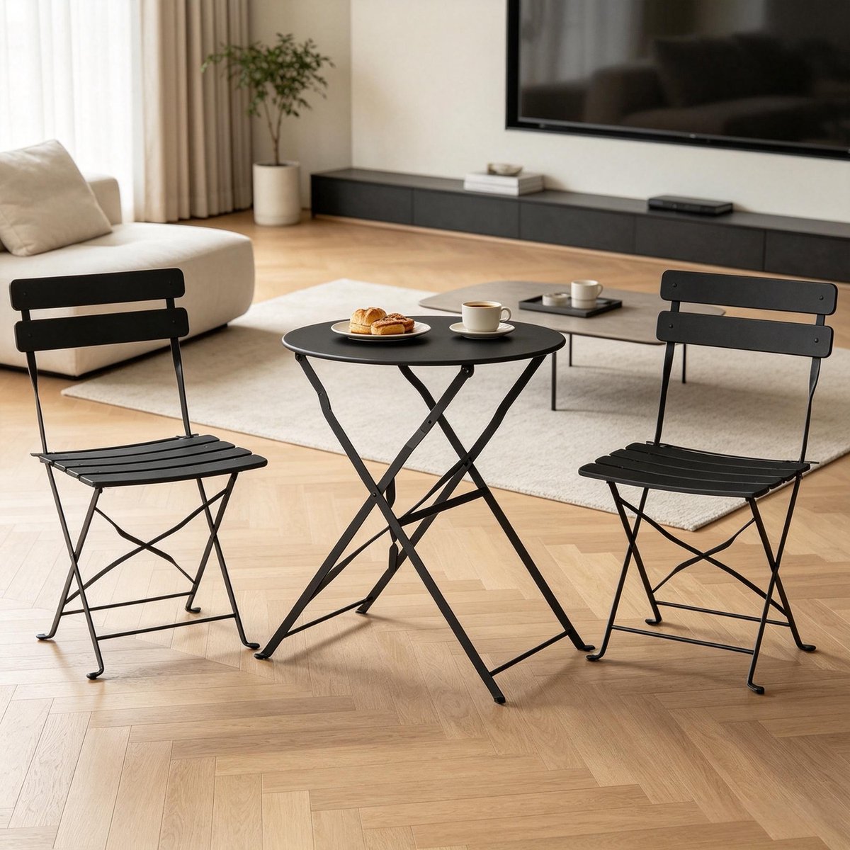MIVRAY Bistroset 2 Persoons 58 cm - Opvouwbare Metalen Tuinset Met 1 Tafel En 2 Stoelen - Voor Balkon En Terras - Zwart