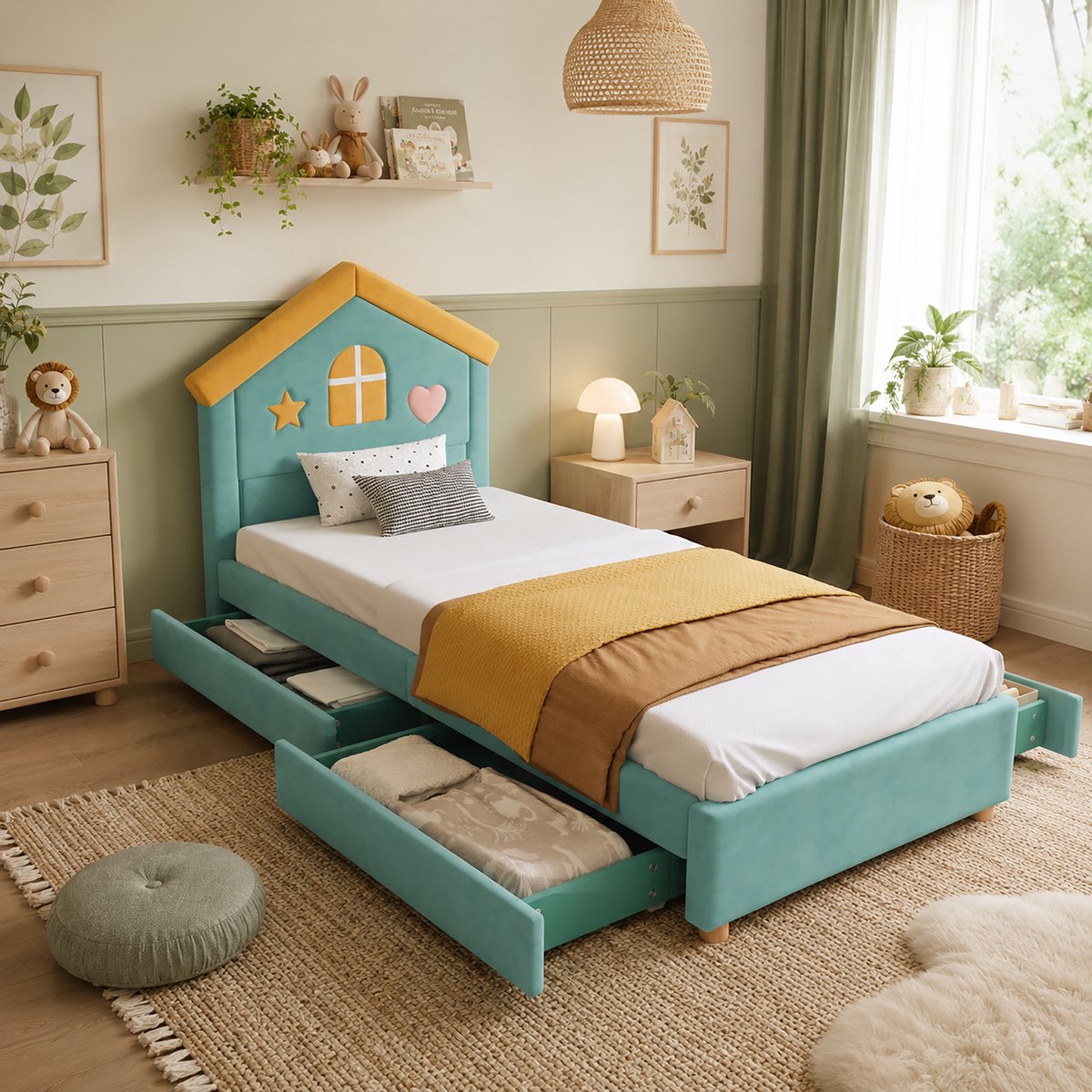 STILVORA Kinderbed 90x200 cm – Huisbed Met Opbergruimte En 4 Lades – Gekusseld Bedframe Voor Kinderkamer En Jeugdkamer – Blauwgroen – Zonder Matras
