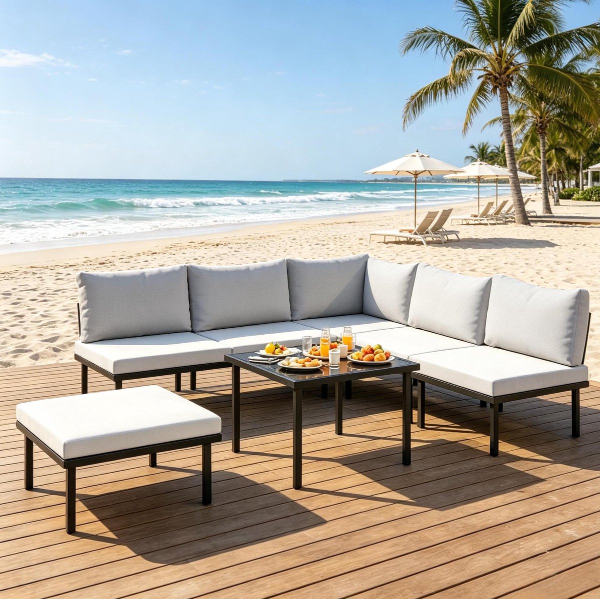OKWISH Tuinloungeset – 6-Delige Modulaire Terrasbank Met Salontafel – Met Kussens, Hoekstoel En Hocker – Modern Voor Buiten – Metaal – Zwart Lichtgrijs