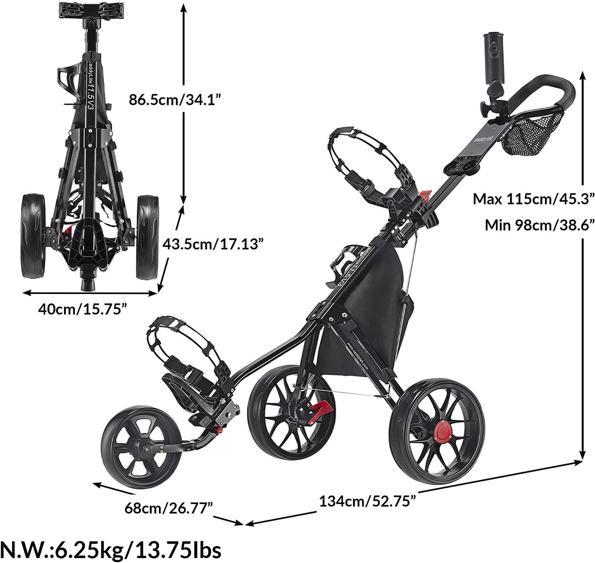 Lichtgewicht Golf Push Cart 3 Wielen - Compact en Draagbaar, Eenvoudig op te Vouwen