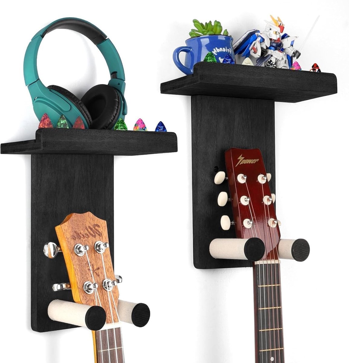Gitaar muurbevestiging met plank - Zwart - Set van 2 Gitaarhouders van Massief Hout - Voor Gitaren en Ukeleles