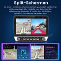 Een autoradio met een gesplitst scherm dat navigatie en muziek of video toont. Knopjes aan de onderkant.