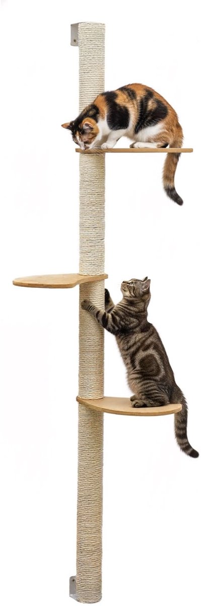 Famanu – Wandkrabpaal voor katten van 170 cm met 3 bamboe platformen en klimboom van sisal