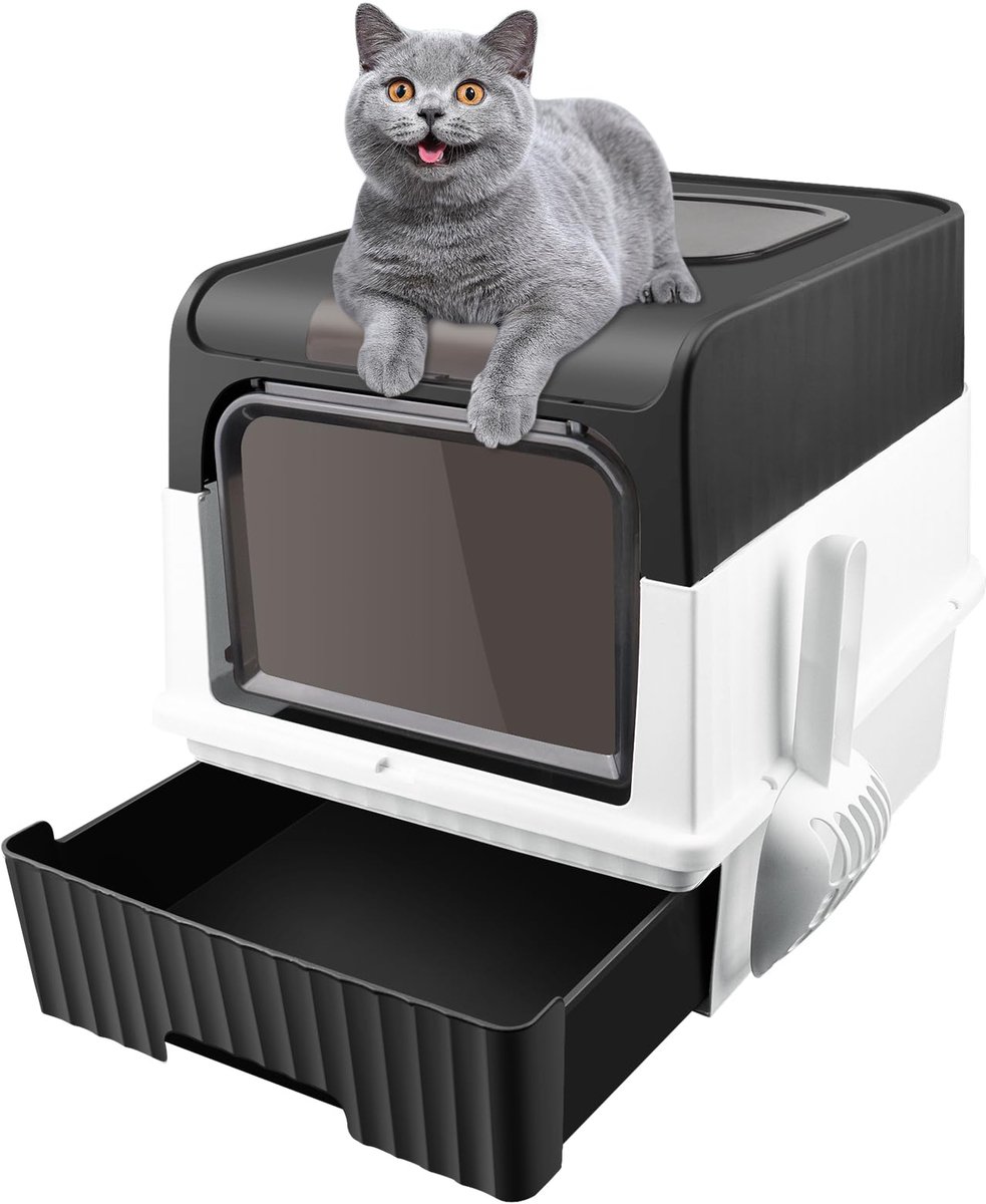 Famanu – Gesloten kattenbak voor grote katten, toilethuis met eenvoudige reiniging en geurfilters, kunststof (PP) BPA-vrij, afmetingen 49 x 37 x 35 cm, zwart