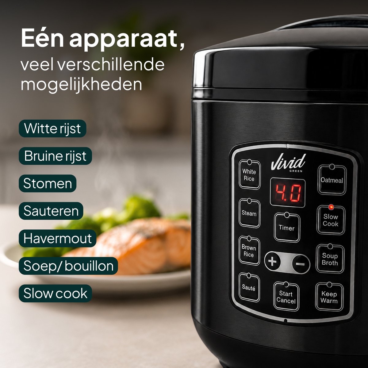 Vivid Green Rijstkoker 1,8 Liter met Stomer - PFAS-vrij - 7-in-1 Multicooker - 1 tot 4 Personen - Rice Cooker - Zwart – foto 3