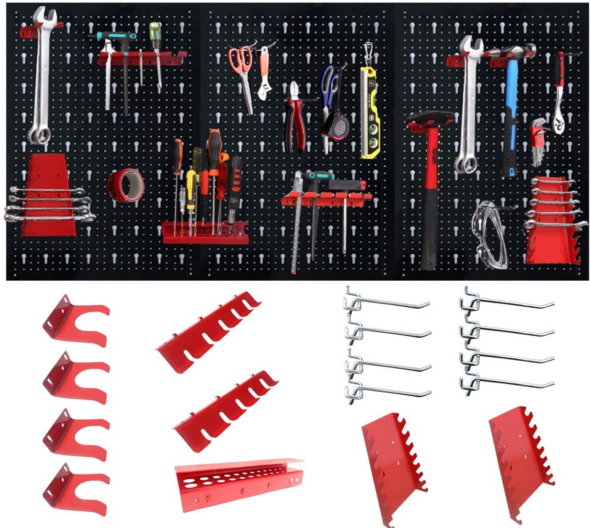 Famanu – Gereedschapsgatenwand van metaal met 17-delige hakenset, afmetingen 120 x 60 x 2 cm, zwart en rood, voor werkplaats