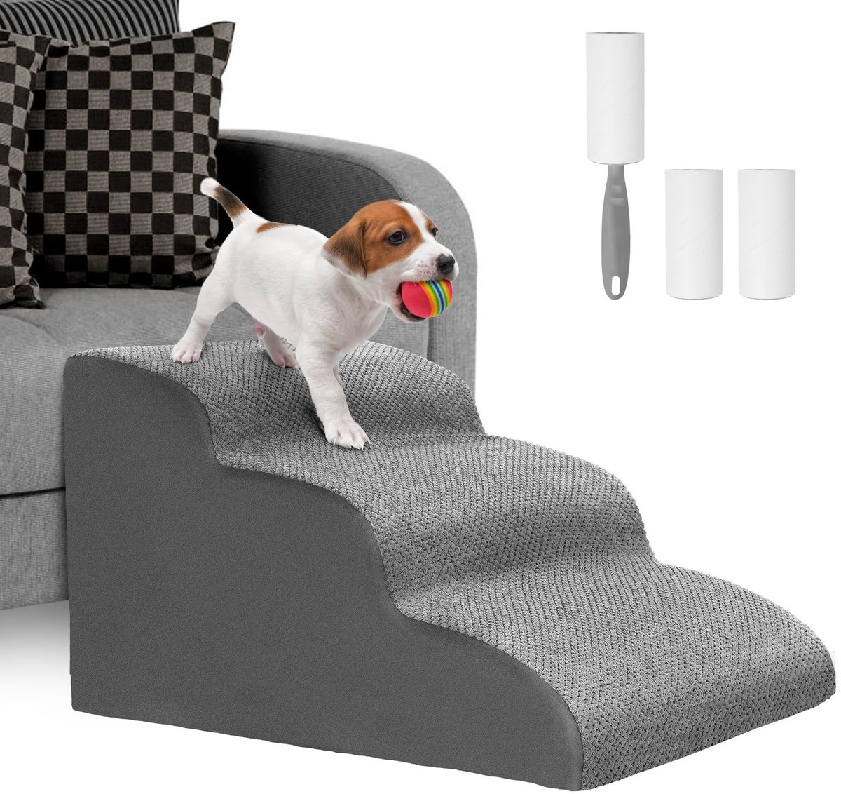 Famanu – Hondentrap met 3 treden, helling met afneembare wasbare overtrek, voor kleine honden en katten, grijs