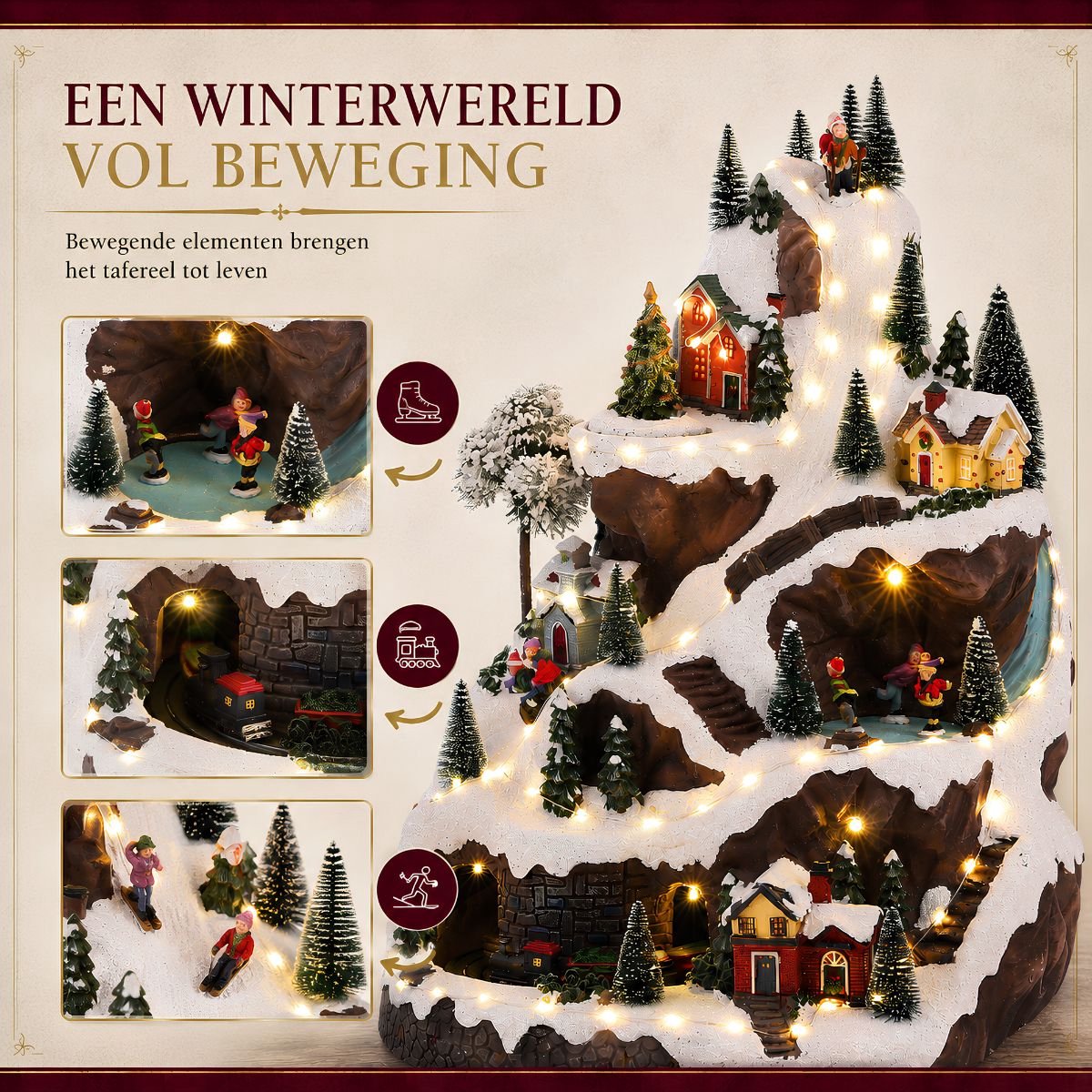 Luville Kerstdorp Miniatuur Skipiste - Kerstversiering met Ronddraaiende Kerstboom en Rijdend Treintje - Kerst Decoratie met Verlichte Huisjes - Inclusief Adapter - L33 x B31 x H46 cm - Meerkleurig – foto 6