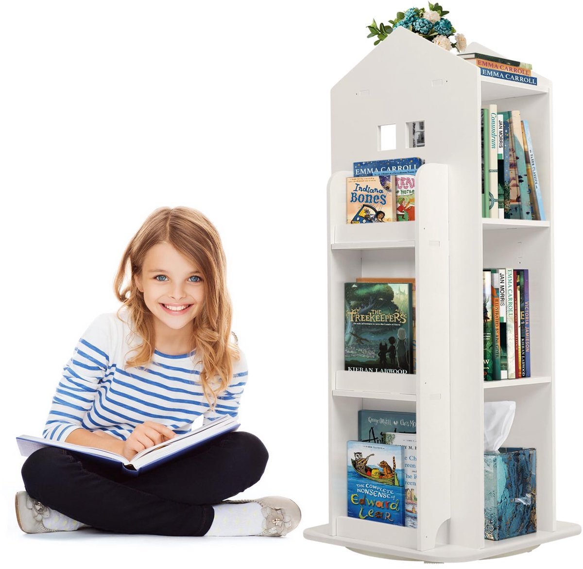 Famanu – 3-laags roterende boekenkast voor kinderen, 360° roterend boekenrek, vloerstaand organizer voor boeken, wit, 94 x 40,6 x 40,6 cm