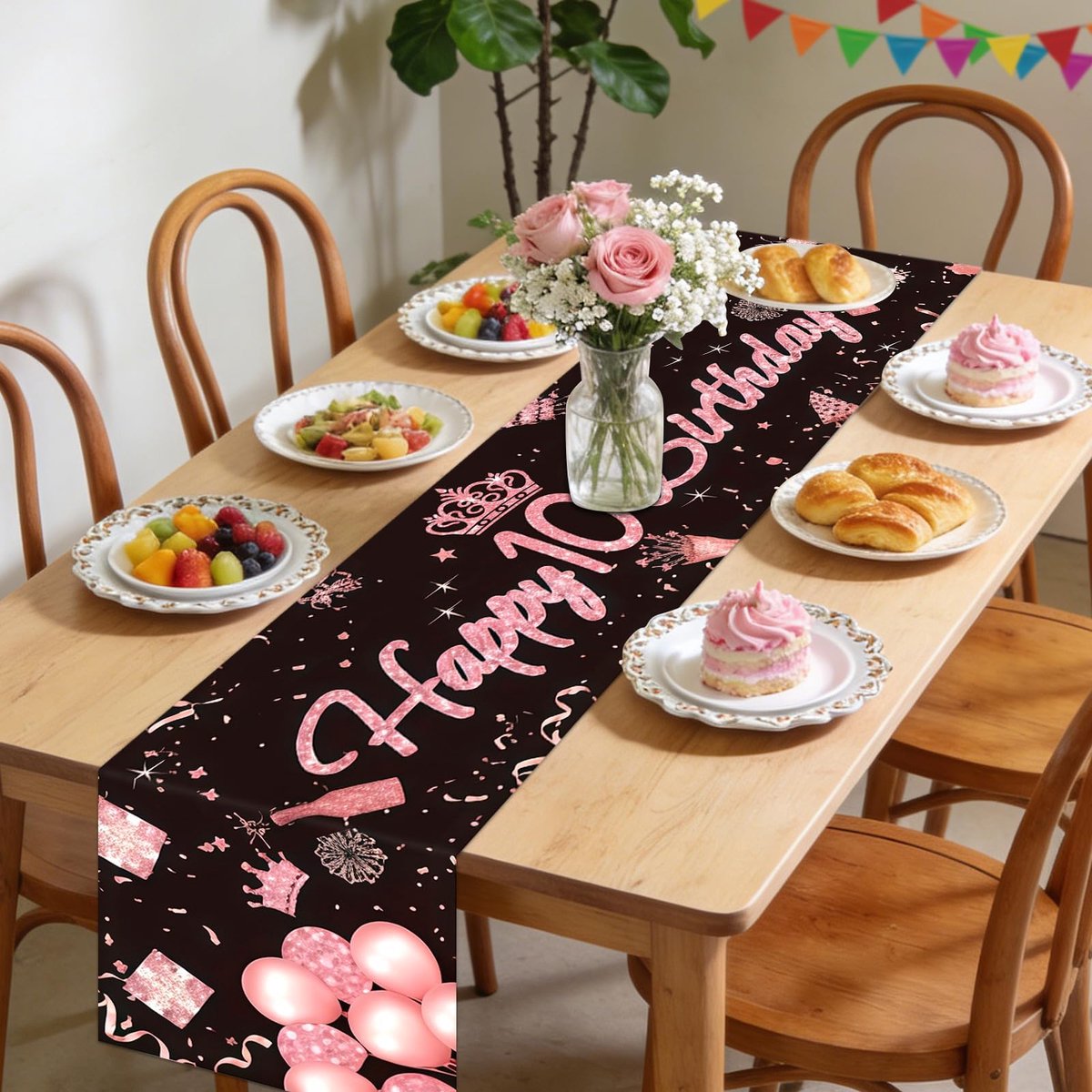 Tafelkleed 180 x 35 cm - zwart-roze - 10e verjaardag - feestdecoratie voor meisjes - ShopVlot