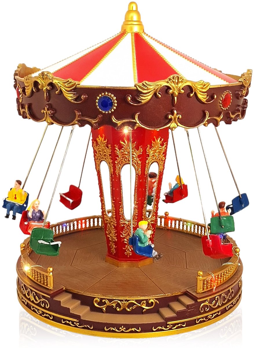 Famanu – Kerstcarrousel met beweging, muziek en lichten, schommelcarrousel, miniatuur kerstdorp voor thuisdecoratie