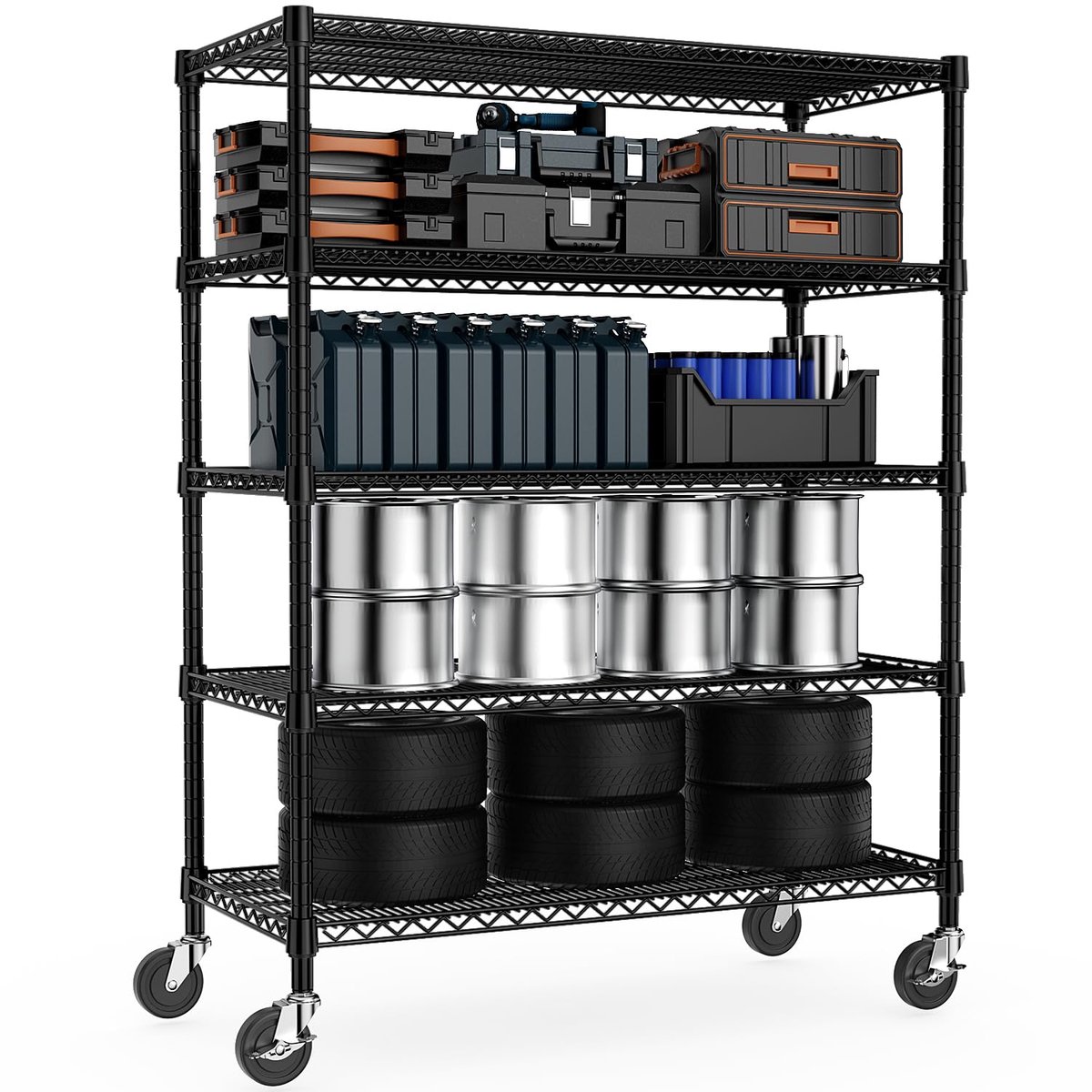 M MZG Heavy Duty Industriële Stellingkast op Wielen, 5-Laags Metalen Opslagrek met Verstelbare Planken, Voor Magazijn - ShopVlot