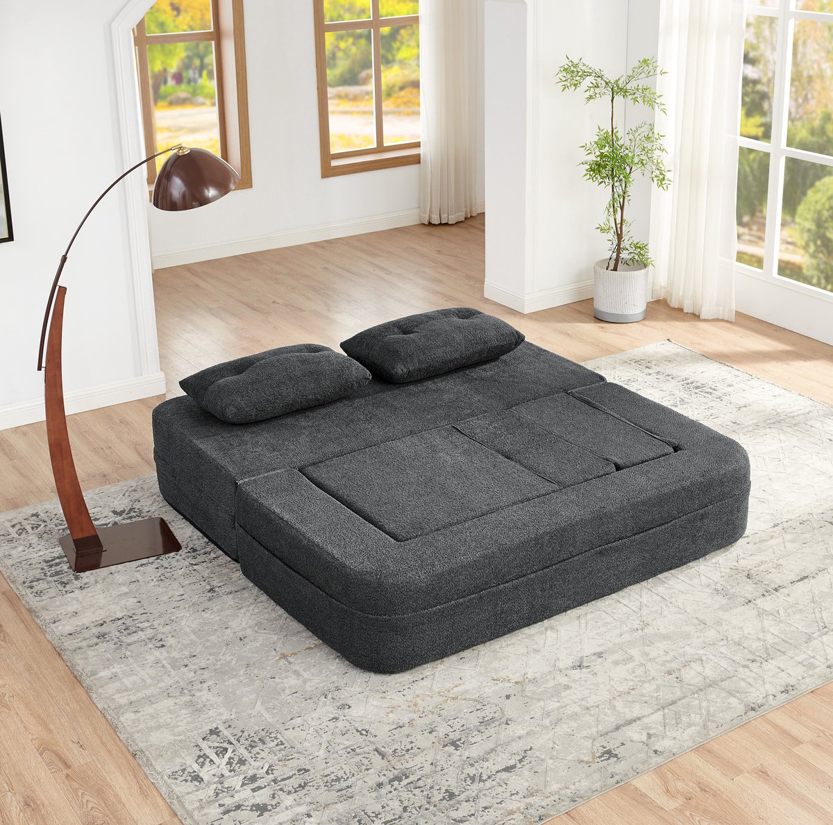 DESMIU Slaapbank 194 x 97 cm - Modulair En Opvouwbaar Met Fauteuil En Zijvakken - Voor Woonkamer En Gastenkamer - Stof Donkergrijs
