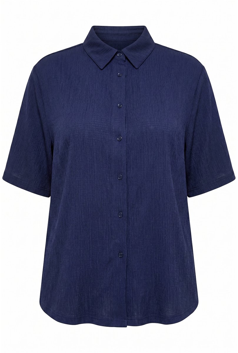 Ulla Popken - Dames - Blouse structuur overhemdkraag korte mouw - Marine - Maat 58+