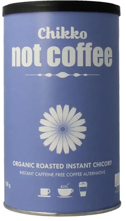 Blauw blik Chikko not coffee met witte bloem en tekst 'ORGANIC ROASTED INSTANT CHICORY'.