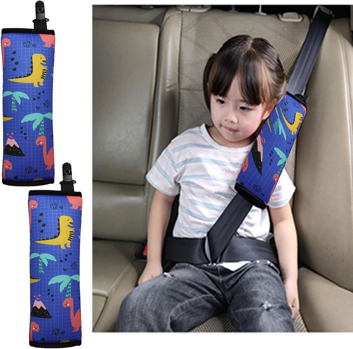 Dino Veiligheidsgordel Covers voor Kinderen - 2 Stuks, Comfortabele en Duurzame Gordelbeschermers in Blauw