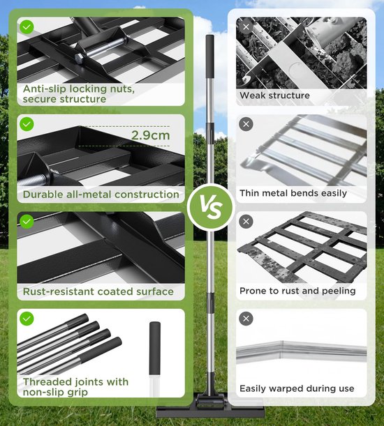 Gazonrakel 43 x 25 cm met extra lange verstelbare 2 meter lange metalen steel, zeer belastbare tuinhark, eenvoudig - ShopVlot — afbeelding 4