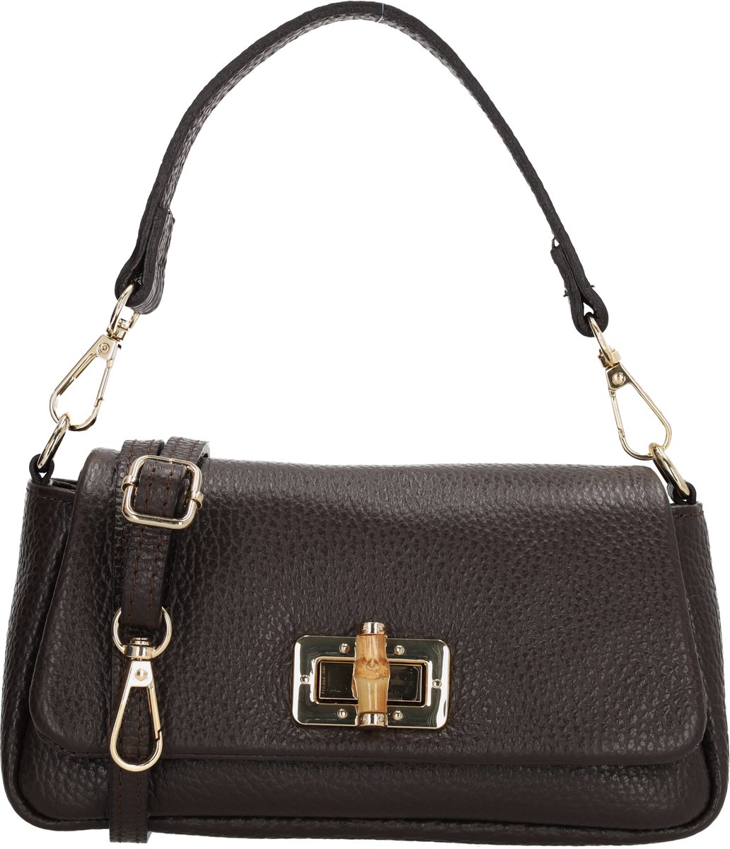 Charm London Vittoria Crossbodytas - Damestas - Schoudertas - Draaisluiting - Afneembaar Handvat - Verstelbare Schouderband - Compact - Leren Dames Tas - Donkerbruin