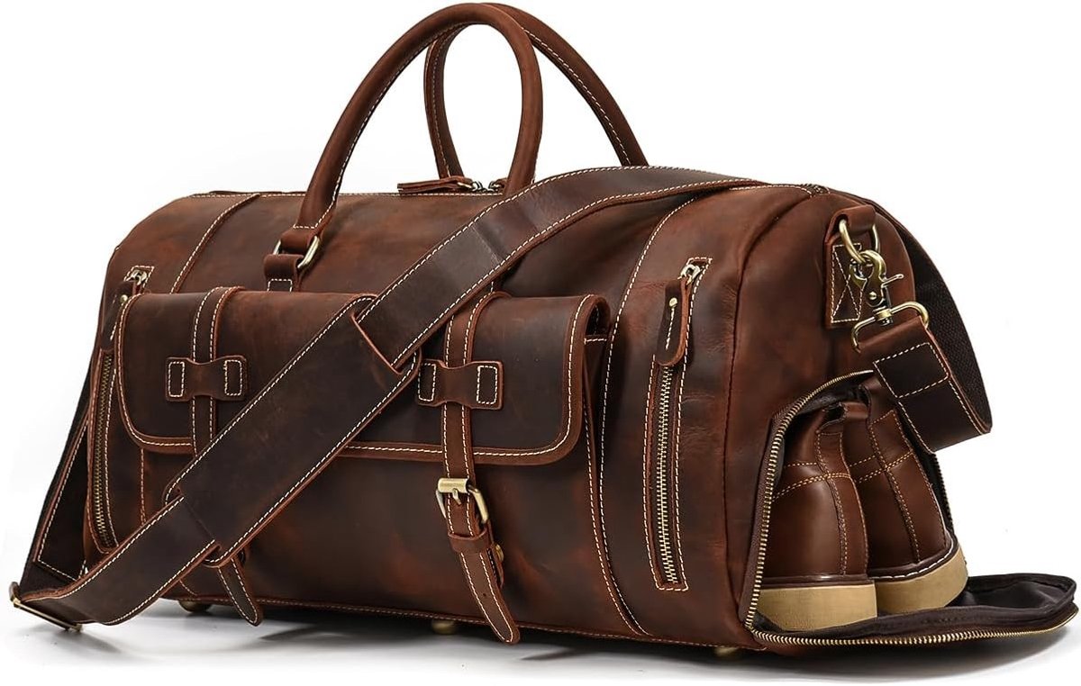 Vintage Weekendtas - Bruin - 52 x 23 x 25 cm - Echt Rundleer - Voor Heren en Dames