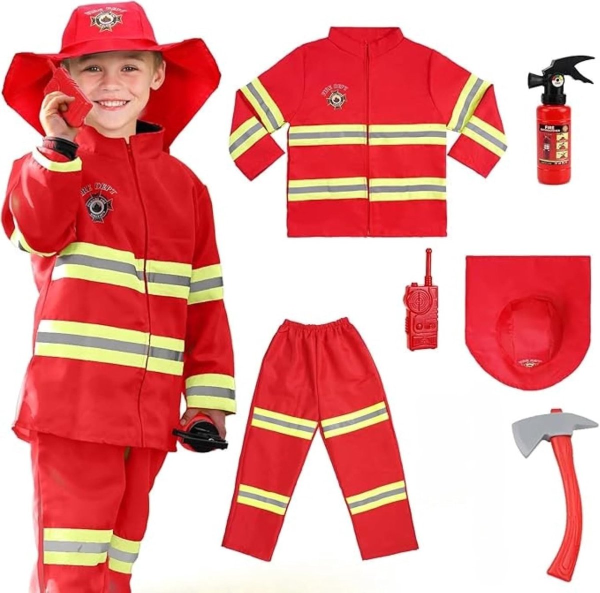 Brandweerkostuum - Rood - 7-8 jaar 140 cm - Compleet Kostuum met Jas, Muts, Broek en Accessoires - Voor Feesten en Verkleedevenementen
