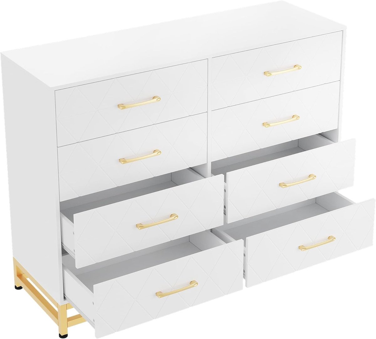 Houten ladekast met 8 laden, grote opbergkast - Soft-close ladegeleiders - Anti-kantelset - Metalen handgrepen en poten - voor slaapkamer/hal - Wit