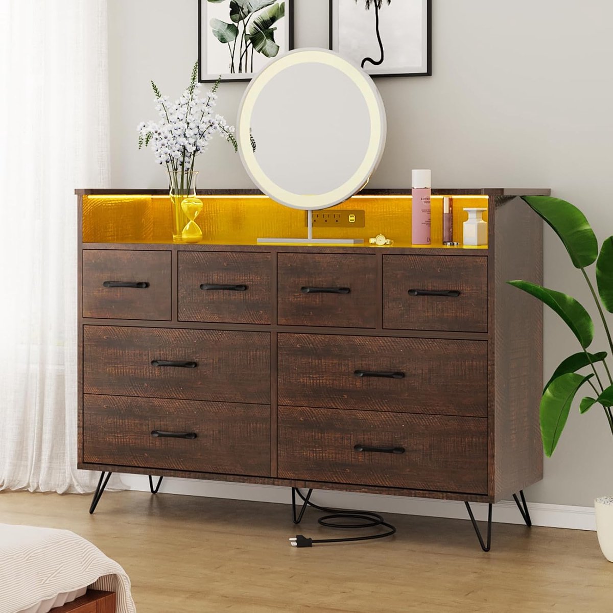 Commode - 8 laden met led verlichting + USB-laadstation - Open plank, stalen frame en houten blad, voor slaapkamer/woonkamer/hal - Antiek donker