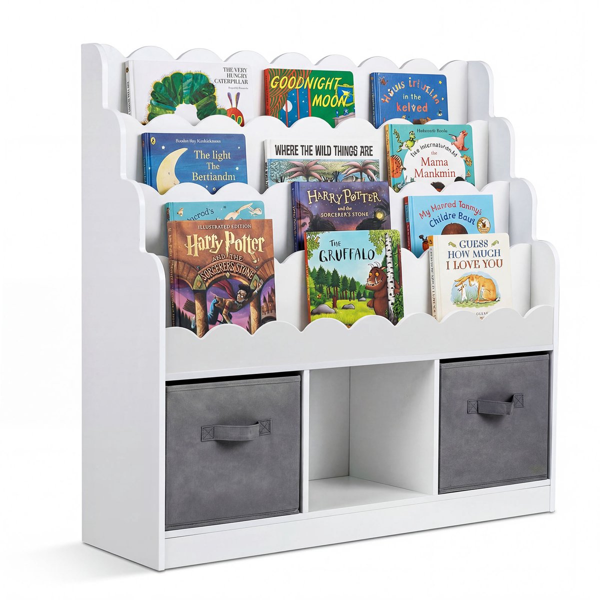 COSTWAY Kinderboekenplank golvend, kinderplank met 2 stoffen laden, 4 legplanken & 3 vakken, houten kinderboekenplank, Montessori speelgoedplank voor de kinderkamer, 90 x 30 x 91,5 cm