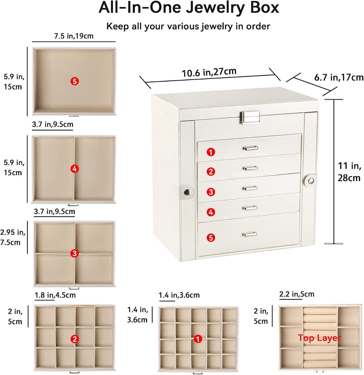 Grote Sieradenbox van PU Leer met 6 Lagen en Slot, Multifunctionele Organizer met 5 Lades voor Oorbellen, Kettingen en Horloges (Wit)