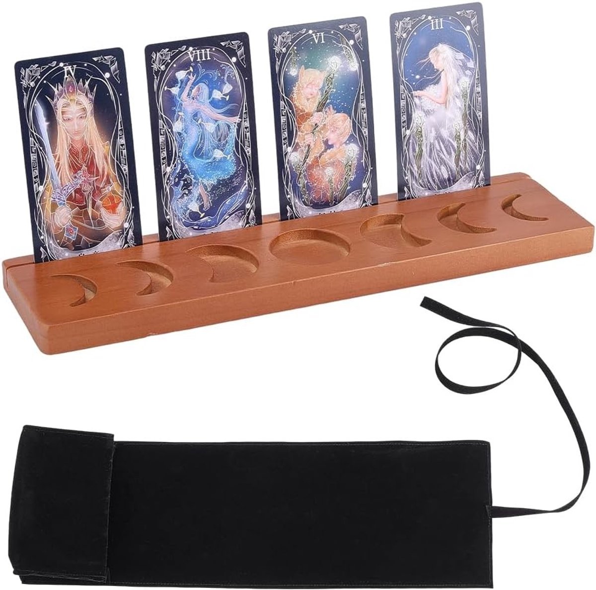 Set van Houten Tarot Kaarten Houder 11 x 7 x 1.5 cm, Rechthoekige Display Stand met Sleuf en Fluwelen Opbergzak voor Wicca Altar, Divinatie en Hekserij Decoratie