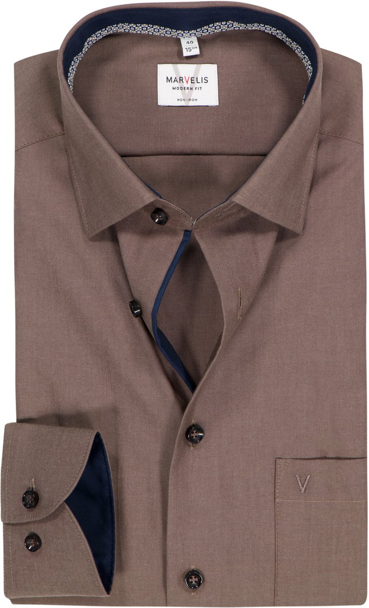 MARVELIS modern fit overhemd - popeline - modderbruin - Strijkvrij - Boordmaat: 42 (EU maat: L)