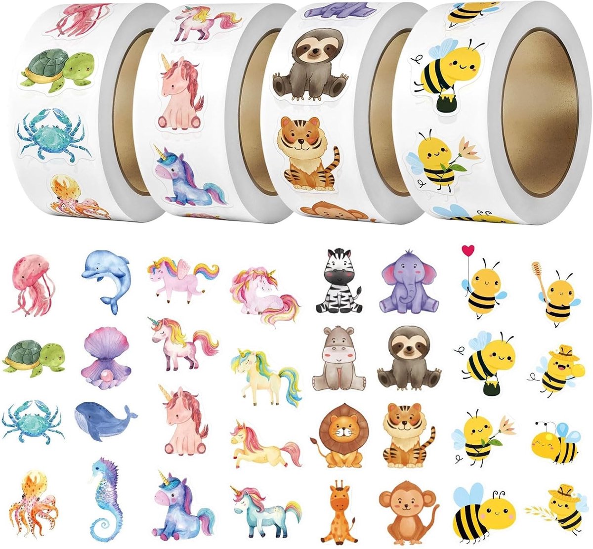 2000 Stuks Verschillende Cartoon Dieren Stickers op Rol voor Kinderen, Beloningen en Creatieve Activiteiten