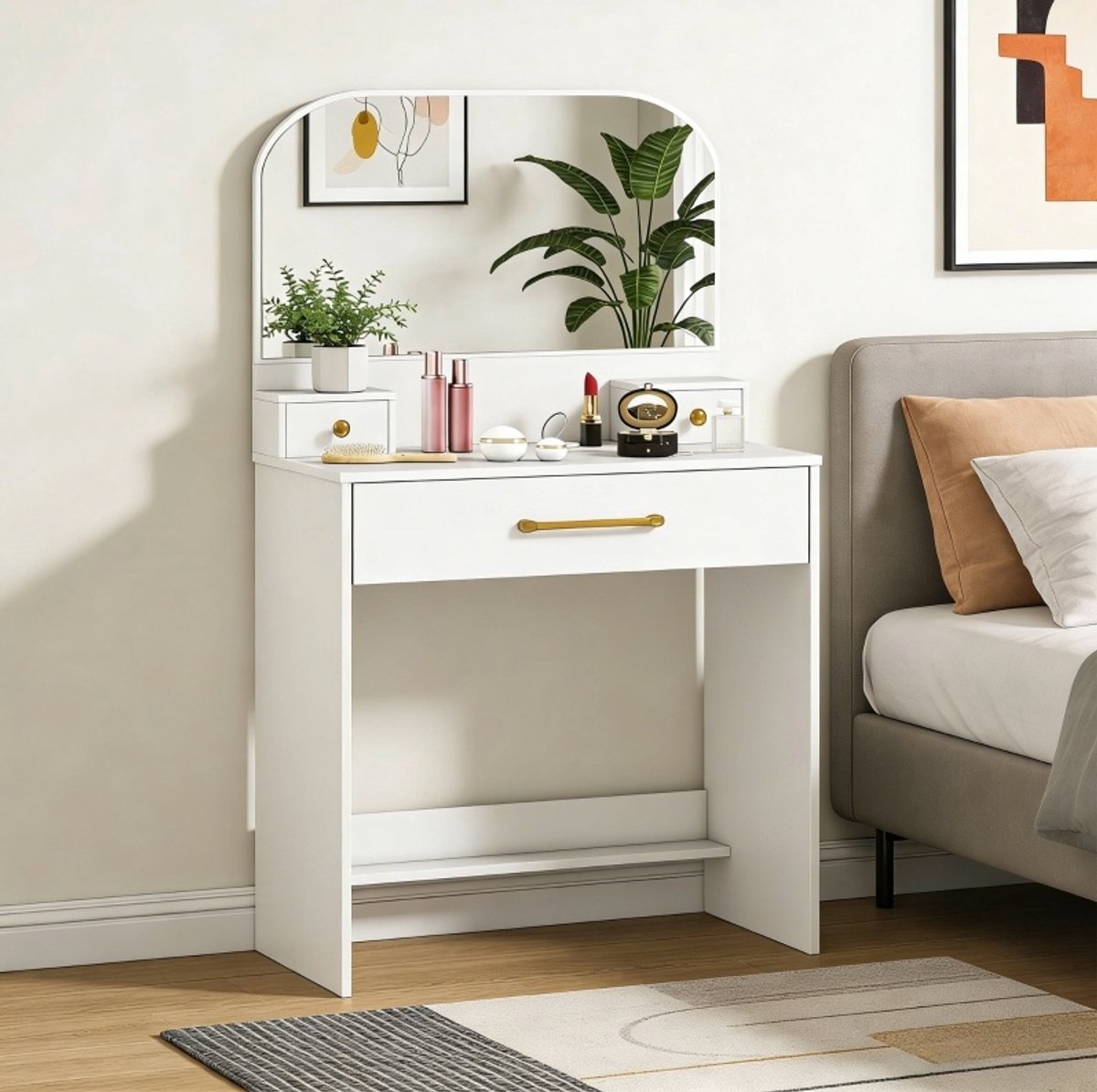 FloraGrace Kaptafel - Met Spiegel En 3 Lades - Modern Design Voor Slaapkamer En Kleine Ruimtes - Hout - Wit - 80 X 40 X 135 Cm