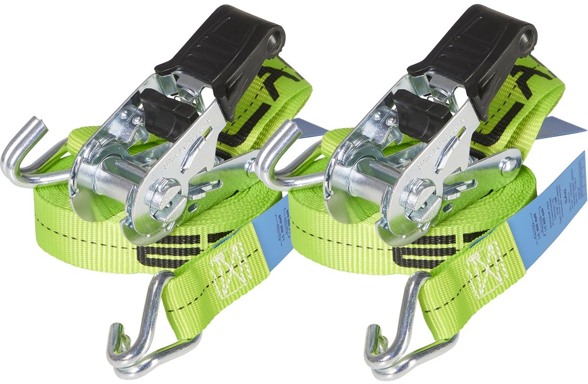 Famanu – Set van 2 spanbanden van 4 meter, 25 mm breed, met trekkracht LC 400 daN, neongroen, ideaal voor sjorwerk