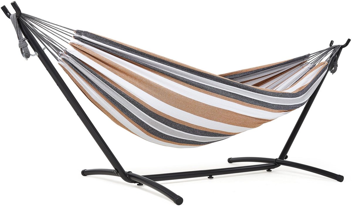 Famanu – Hangmat met standaard van dubbele stof voor camping en buitengebruik, metalen frame, tot 200 kg draagvermogen, ideaal voor kamperen, reizen, terras en tuin, geelbruin