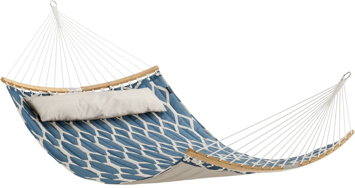 Famanu – Gewatteerde stoffen hangmat met afneembare gebogen bamboe spreider en kussen, 200 x 140 cm, draagvermogen 225 kg, blauw en beige