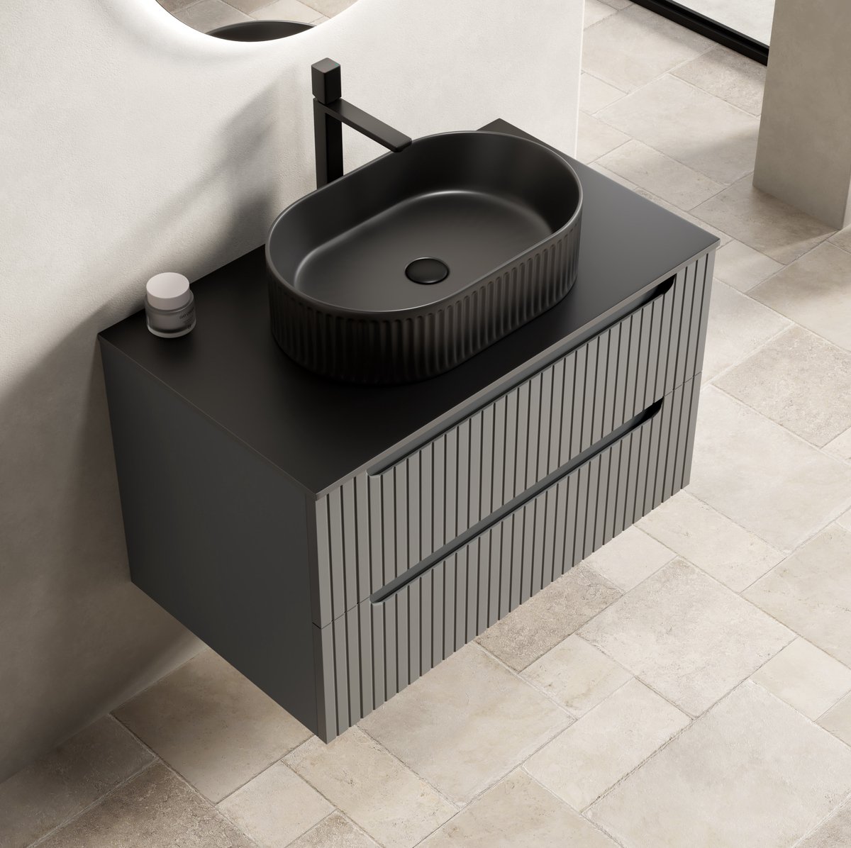 MIVRAY Badkamerwastafelmeubel - Wandhangend Met Ovale Waskom En Soft Close Lades - Donkergrijs Zwart - 80 Cm