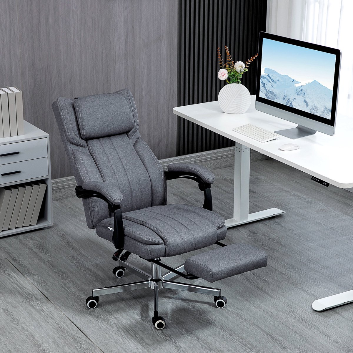 MODENUIT Bureaustoel 105-113 cm - 6-Punts Vibratiemassage - Kantelbaar Tot 135 Graden - Thuis En Kantoor - Stof - Grijs