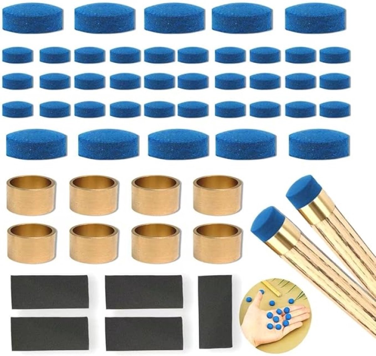 Biljartkeu Tips Set 53-delig - 9-12mm Leren Keutopjes met Messing Ferrules en 240 Korrel Schuurpapier - Vervangbare Snooker en Pool Keu Punten