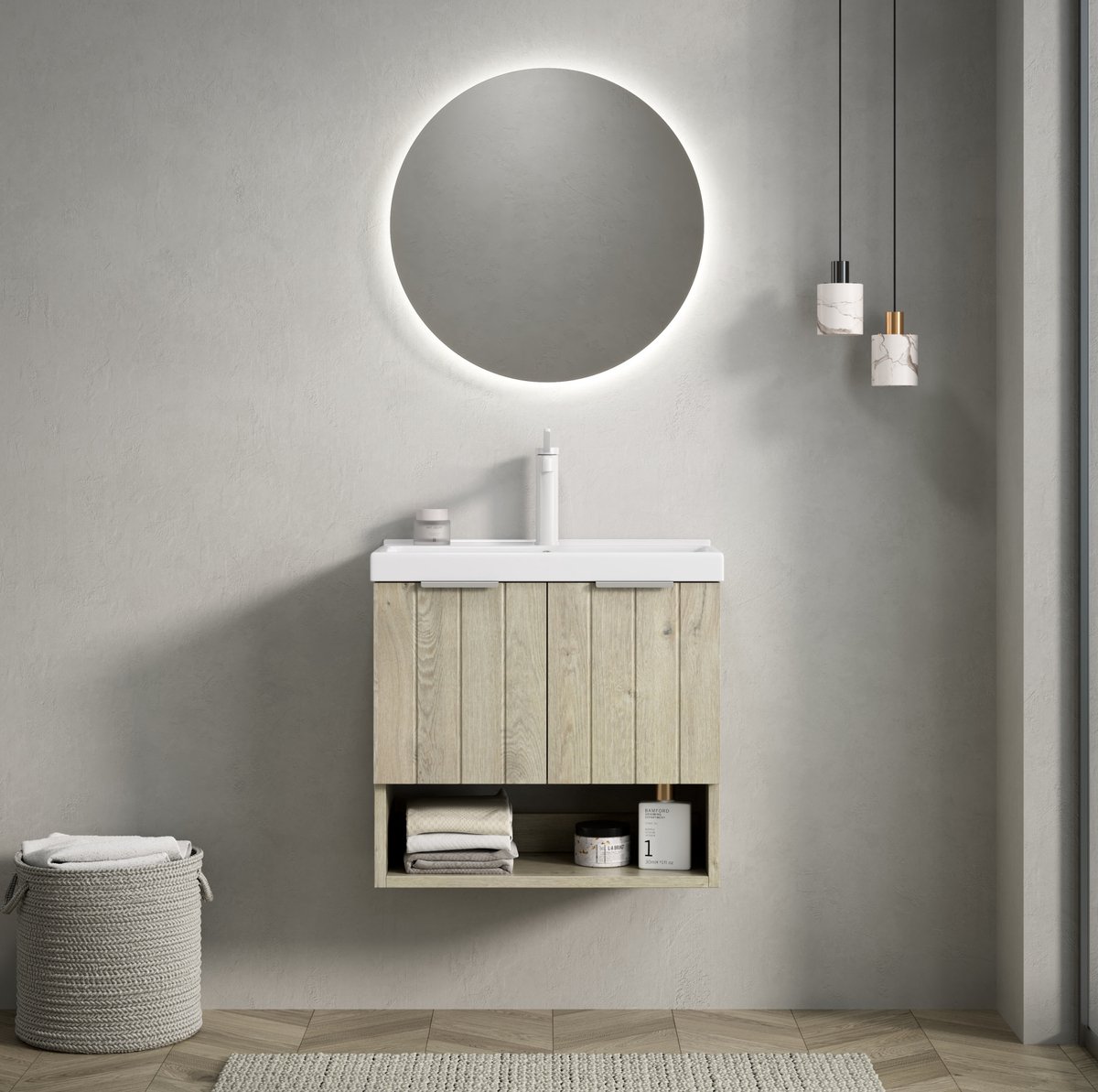 MIVRAY Wastafelmeubel Wandhangend Met Keramische Wastafel En Dubbele Deuren En Open Vak Voor Kleine Badkamers Wit 55 Cm