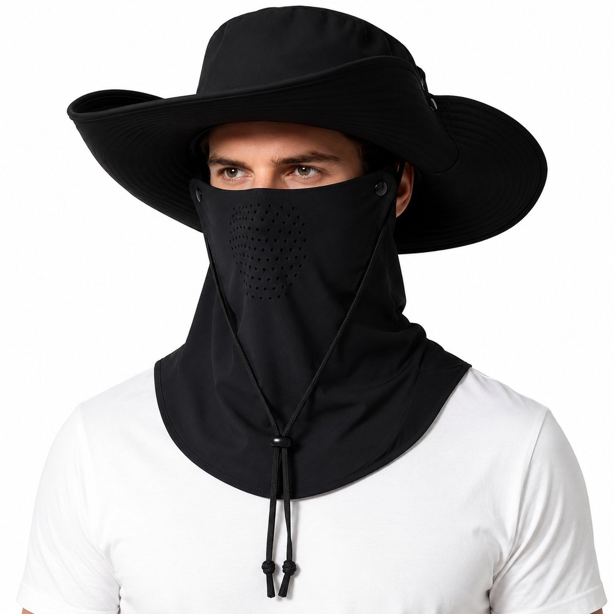 Zonnehoed met Nekbescherming - Vissershoed UPF 50+ en Afneembaar Gezichtsmasker - Ademende Outdoor Boonie Hoed voor Wandelen, Vissen en Kamperen - Zwart