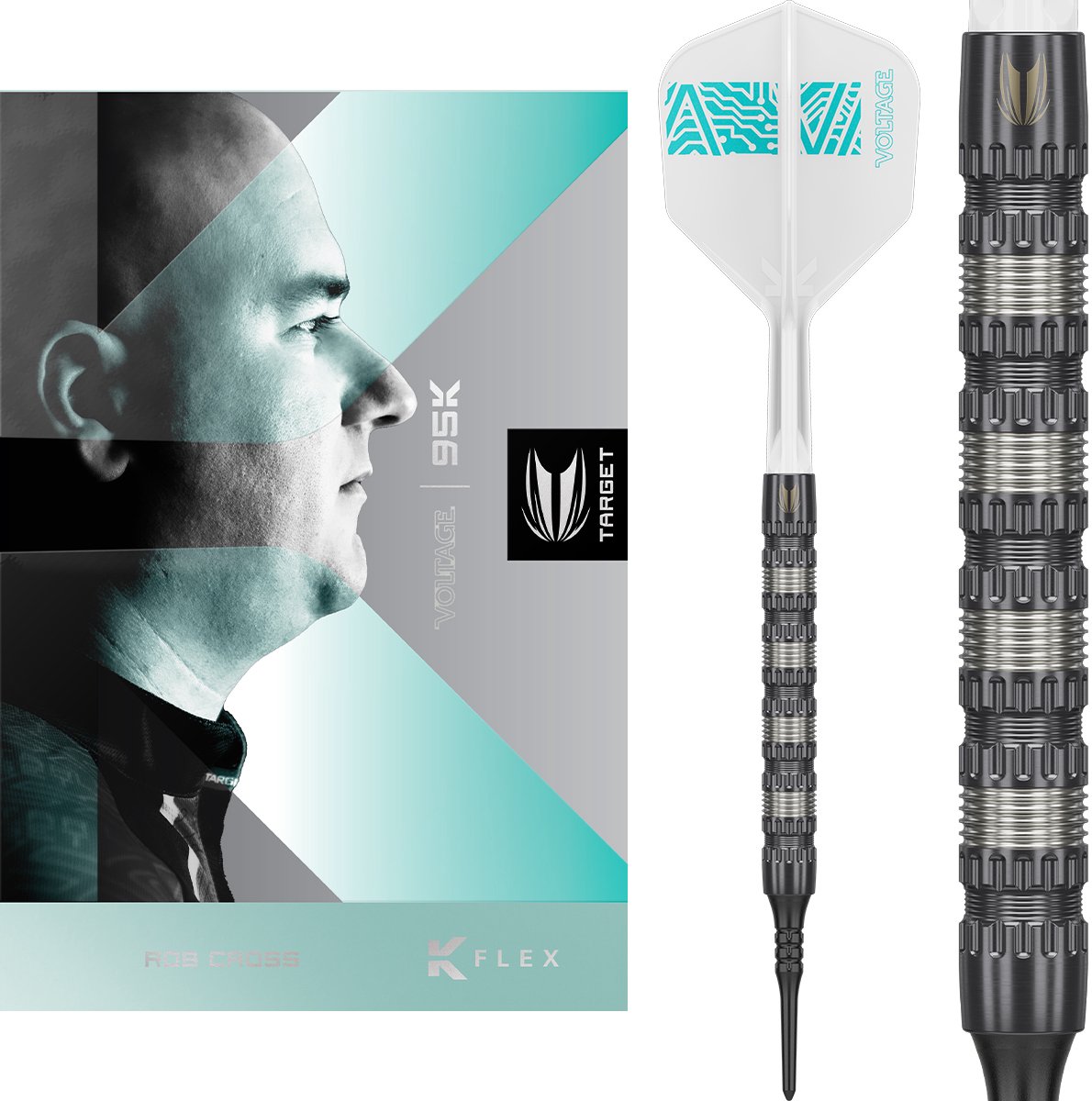 Target Darts Rob Cross 95K Soft Tip Dartpijlen - 95% Wolfraam - 18 Gram - Zwarte Pixel Tips - Swiss Point Conversie - K-Flex Flight Systeem - Professionele Dartset - 48mm Barrel
