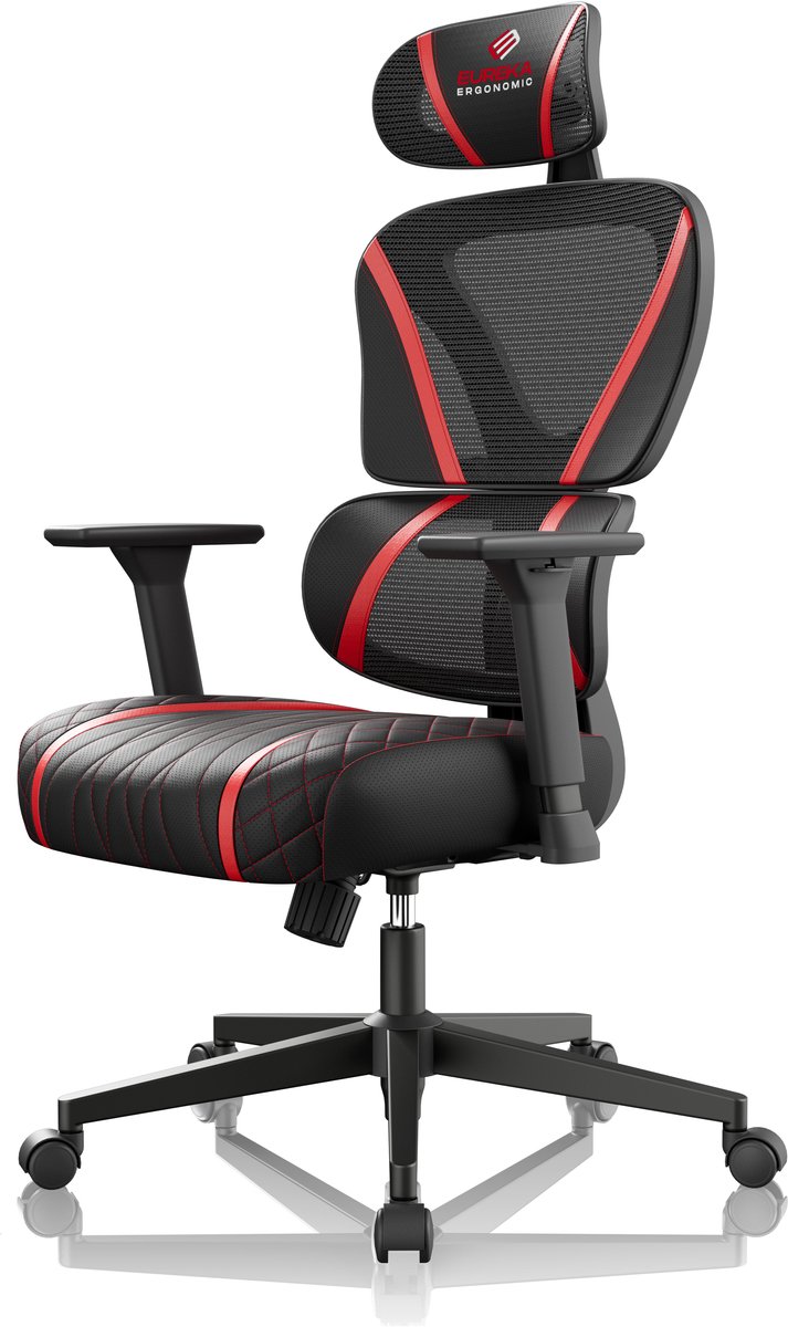 LAPAMAX Game- of racestoel - comfortabele gamingstoel voor bureau en pc - een dubbele rugleuning met lendenondersteuning - verstelbare hoofdsteun en 3D-armleuningen - rugleuning met drie standen en 135 graden kantelbereik - grijs of rood - rood
