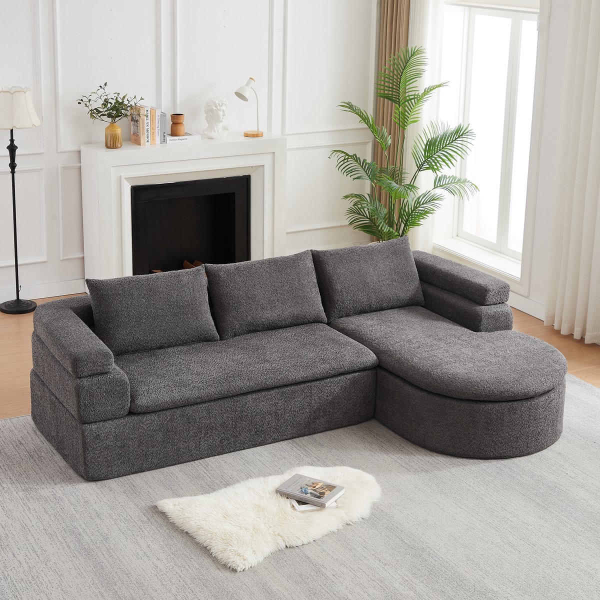 VVBV L-Vorm Hoekbank met Chaise Longue - 3-Zits, Getrapte Armleuning, Zachte Chenille Bekleding - Grijs
