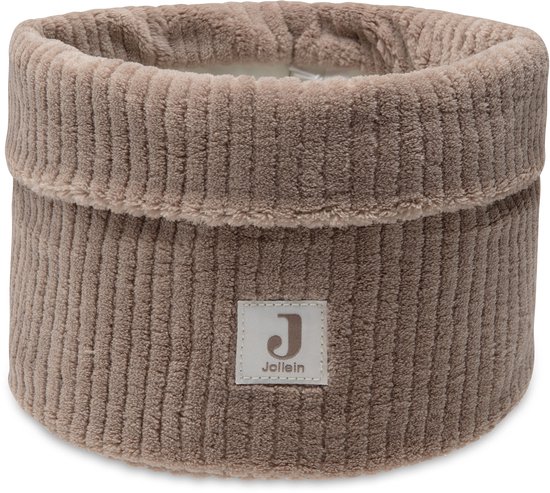 Bruine ribstof mand met Jollein logo. De mand heeft een zachte, pluizige binnenkant.