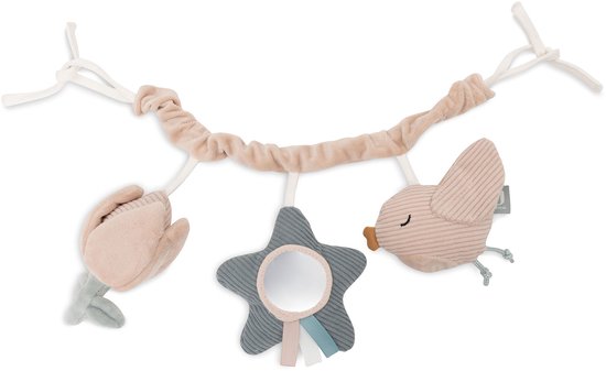 Roze baby wagenspanner met een tulp, ster met spiegel en een vogel. Gemaakt van zacht corduroy stof.