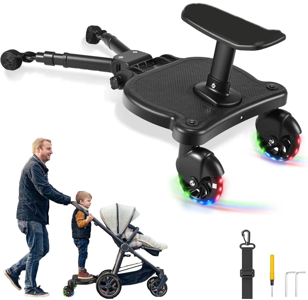Innovastore Universele kinderwagenplank - Universele buggyplank - Opstapplank - Meerijdplankje met zitje - LED wielen - tot 25kg